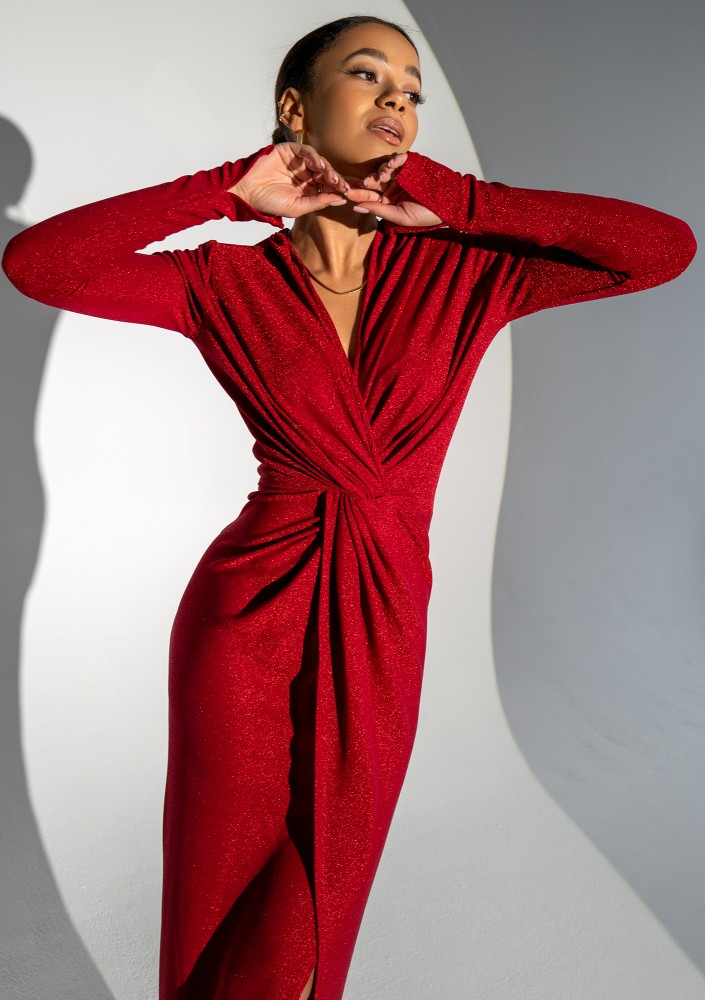 Mayell - Shiny red maxi draped dress