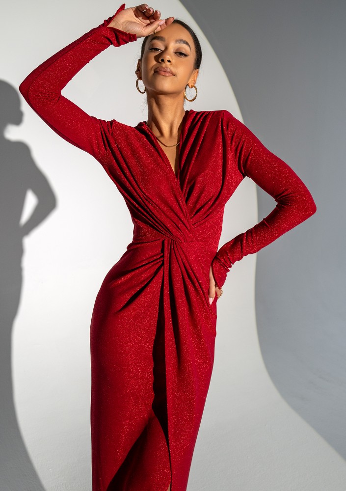 Mayell - Shiny red maxi draped dress