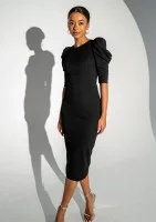 Elise - Dopasowana sukienka midi z bufkami Czarna