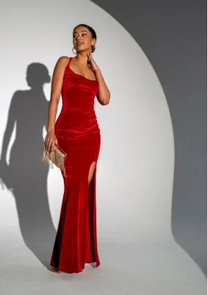 Seona - Wieczorowa sukienka maxi velvet Czerwona