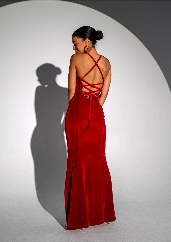 Seona - Wieczorowa sukienka maxi velvet Czerwona