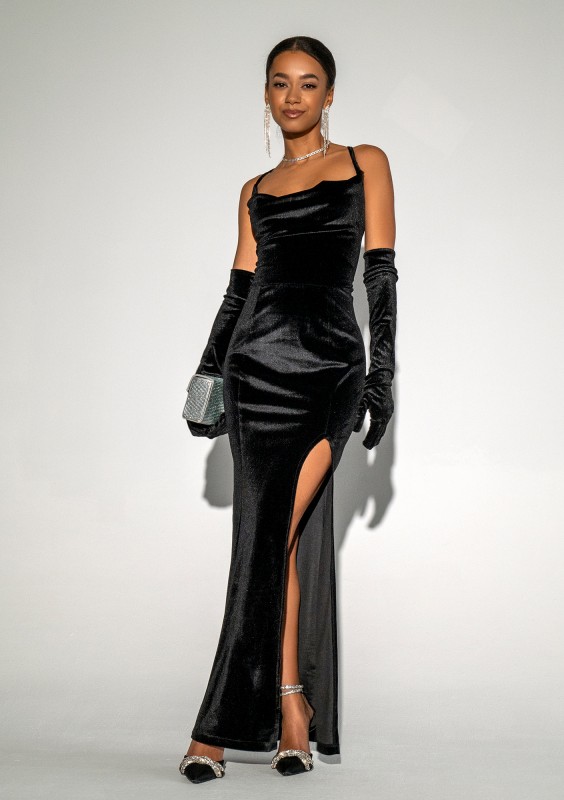 Seona - Wieczorowa sukienka maxi velvet Czarna