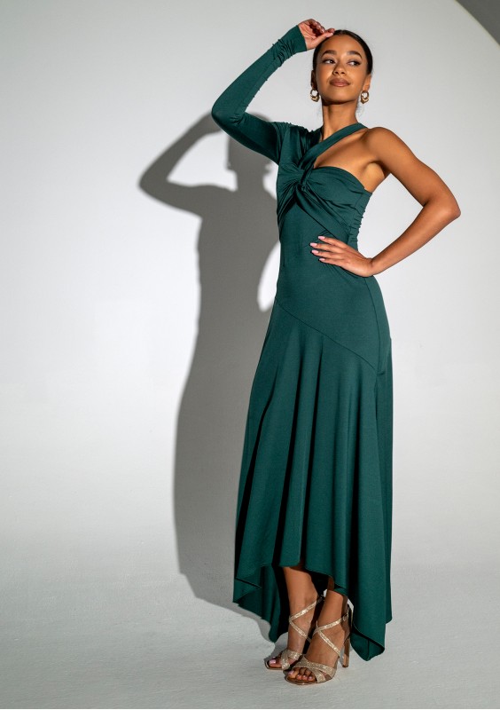 Carlita - Green asymmetric dress with a draped neck