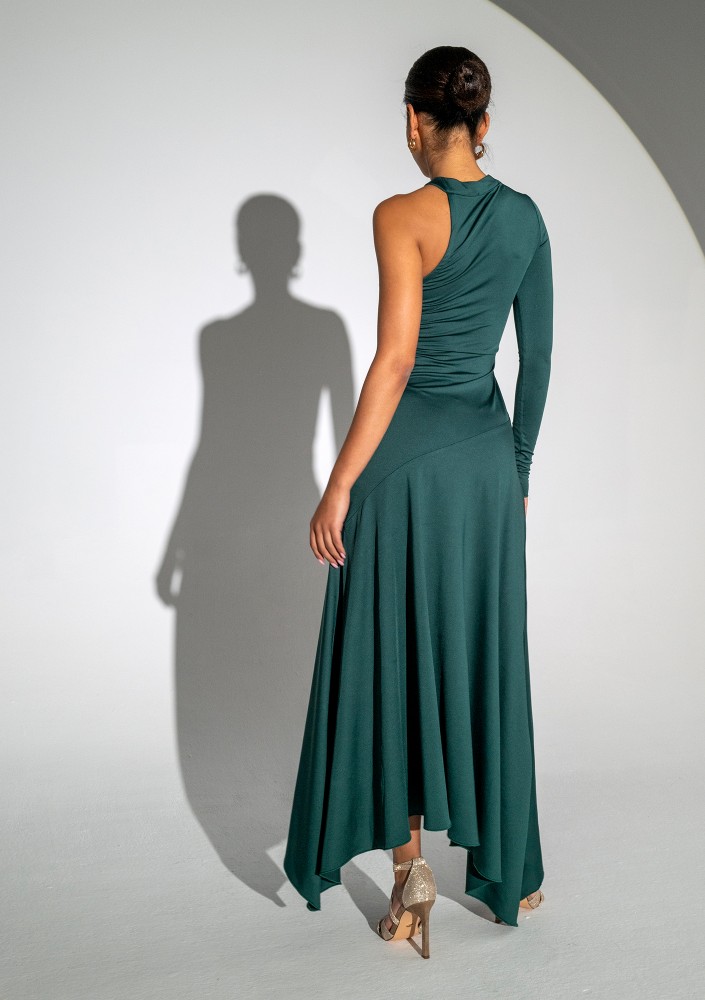 Carlita - Green asymmetric dress with a draped neck
