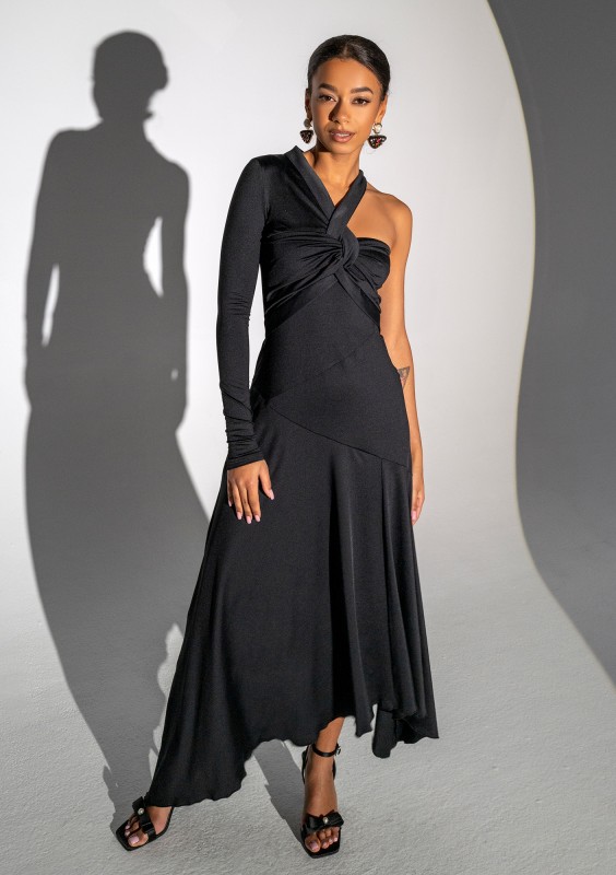 Carlita - Black asymmetric dress with a draped neck