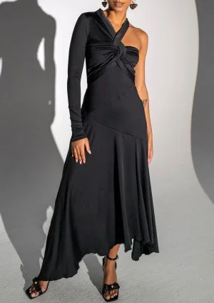 Carlita - Black asymmetric dress with a draped neck