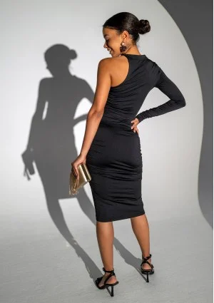 Kendall - Black fitted midi dress with a draped neck