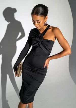 Kendall - Black fitted midi dress with a draped neck