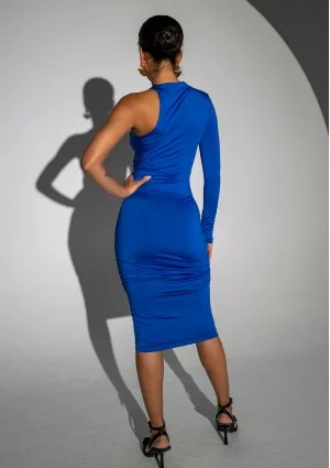 Kendall - Cobalt blue fitted midi dress with a draped neck
