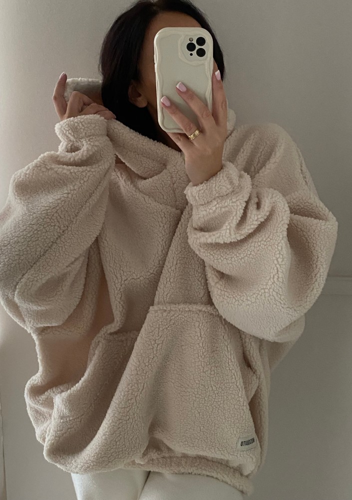 Ozzy - Natural beige faux fur oversize hoodie