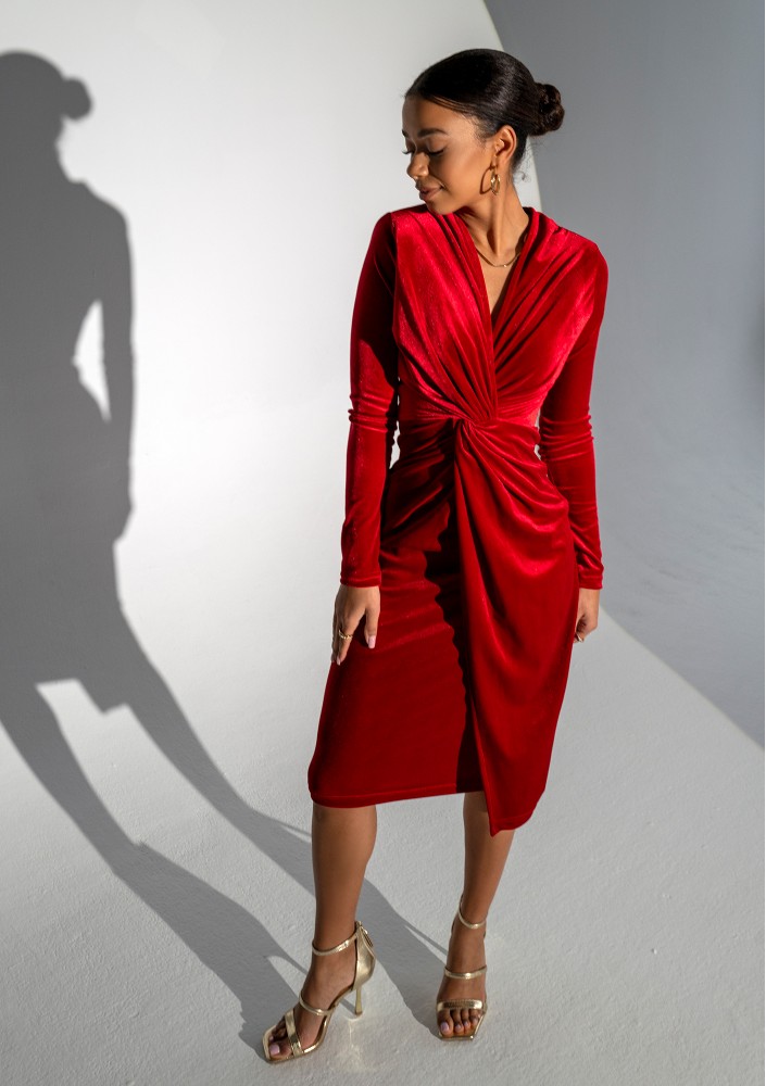 Rose - Red velvet midi draped dress