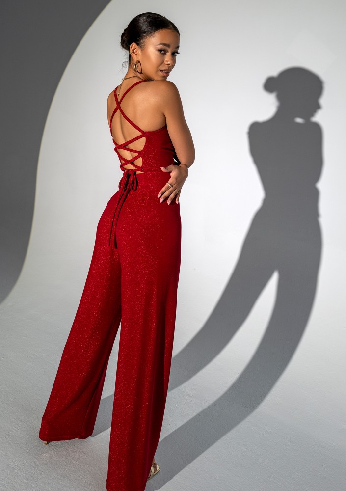 Teyah - Błyszczący kombinezon damski na ramiączkach Czerwony