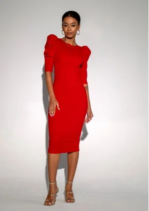 Elise - Dopasowana sukienka midi z bufkami Czerwona