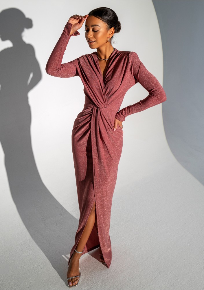 Mayell - Shiny dusty rose maxi draped dress