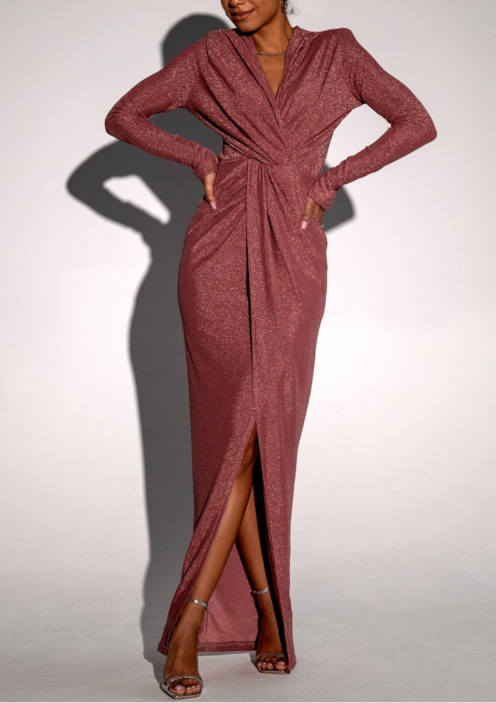 Mayell - Błyszcząca sukienka maxi Dusty Rose