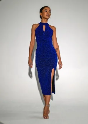 - Cobalt blue midi dress with a cutout neck