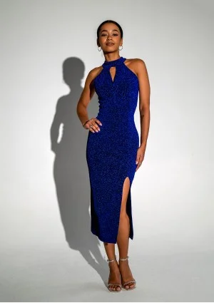- Cobalt blue midi dress with a cutout neck