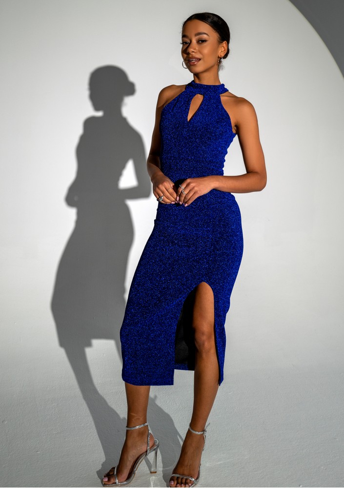 - Cobalt blue midi dress with a cutout neck