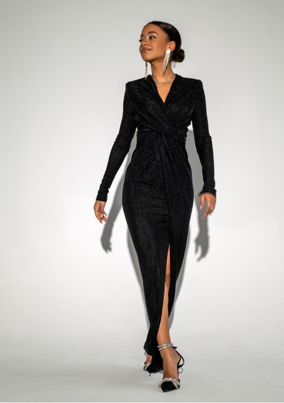 Mayell - Shiny black maxi draped dress