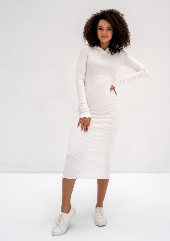 Bessie - Dzianinowa sukienka bodycon z kapturem Ecru