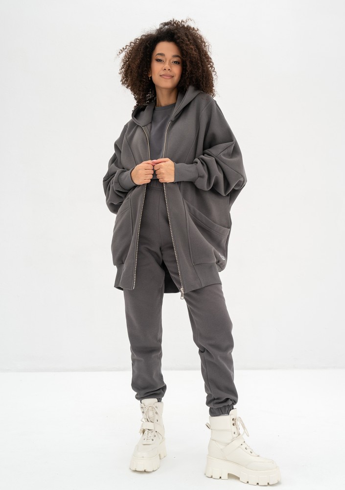 Amala - Dark stone grey oversize zipped hoodie