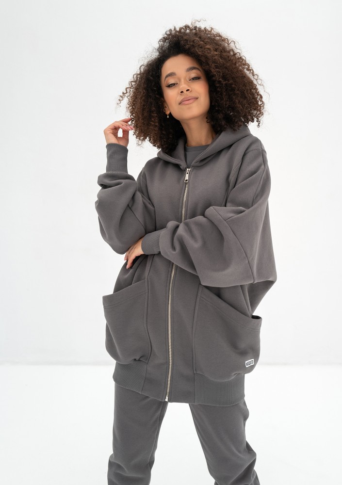 Amala - Dark stone grey oversize zipped hoodie