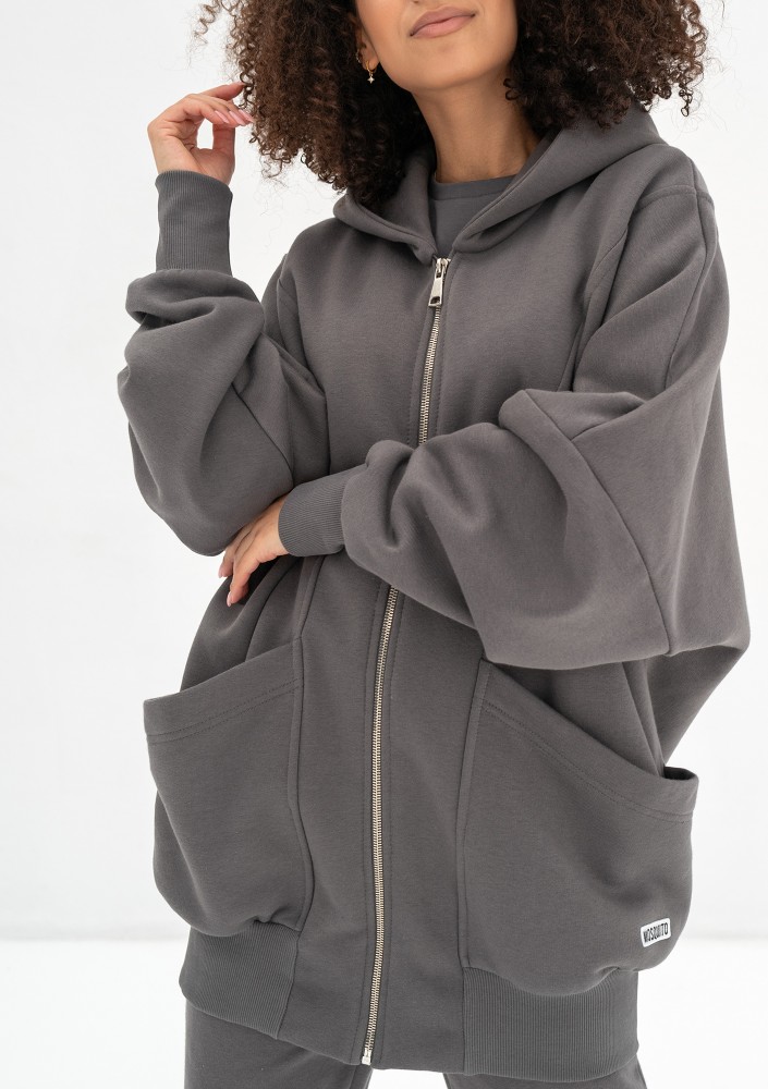 Amala - Dark stone grey oversize zipped hoodie