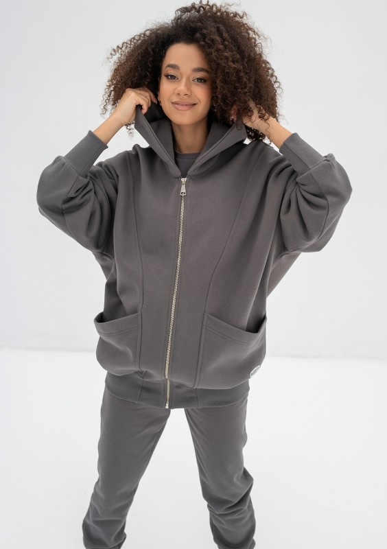Amala - Dark stone grey oversize zipped hoodie