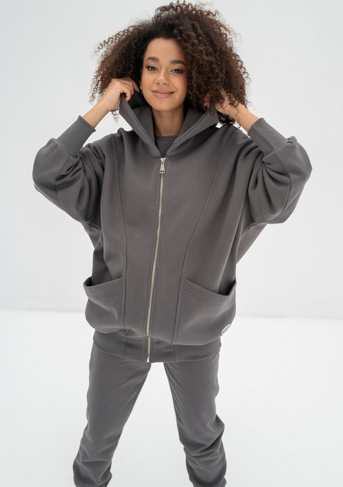 Amala - Dark stone grey oversize zipped hoodie