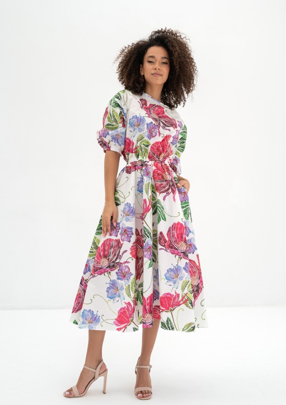 Mabel - Ecru floral flared midi dress