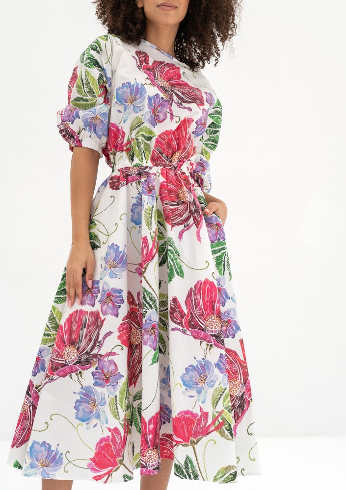 Mabel - Ecru floral flared midi dress