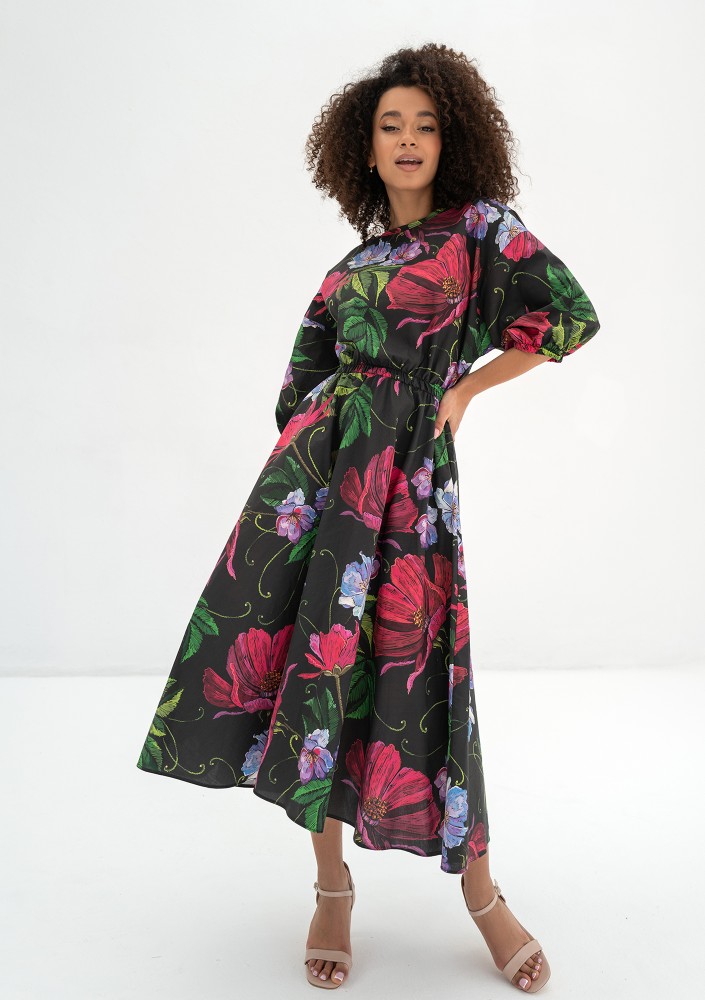 Mabel - Black floral flared midi dress