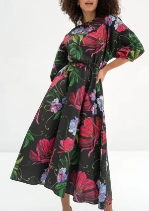 Mabel - Black floral flared midi dress