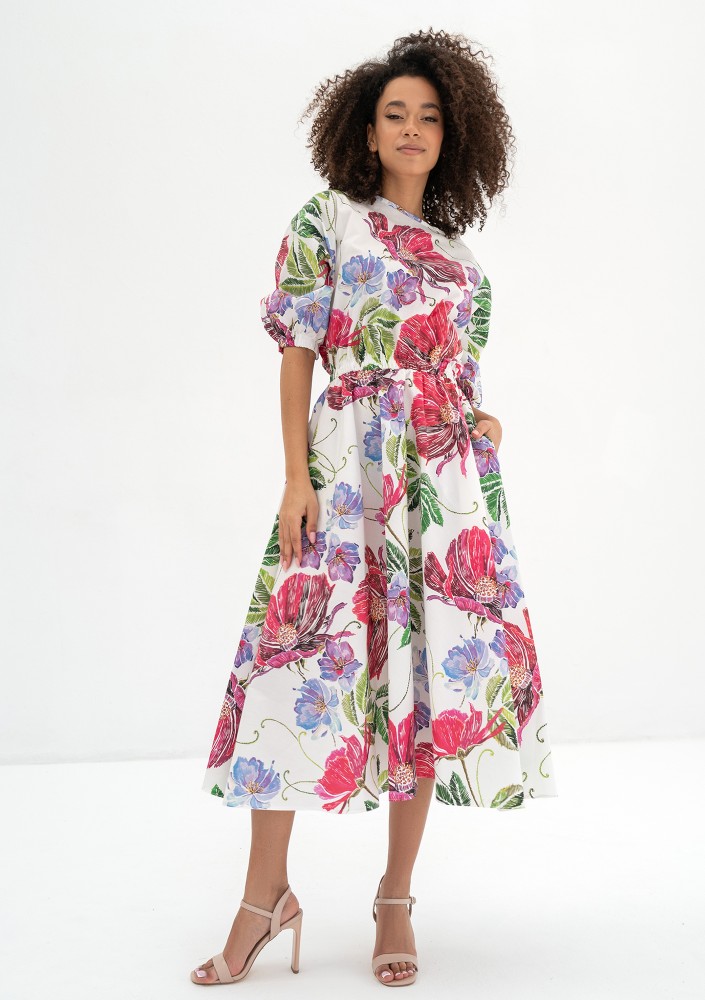 Mabel - Ecru floral flared midi dress