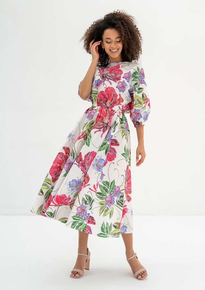 Mabel - Ecru floral flared midi dress