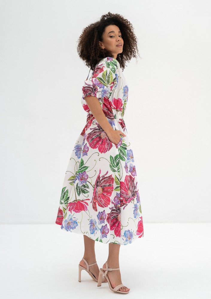 Mabel - Ecru floral flared midi dress