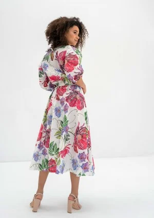 Mabel - Rozkloszowana sukienka midi w kwiaty Ecru