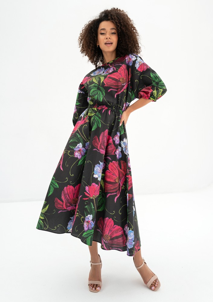 Mabel - Black floral flared midi dress