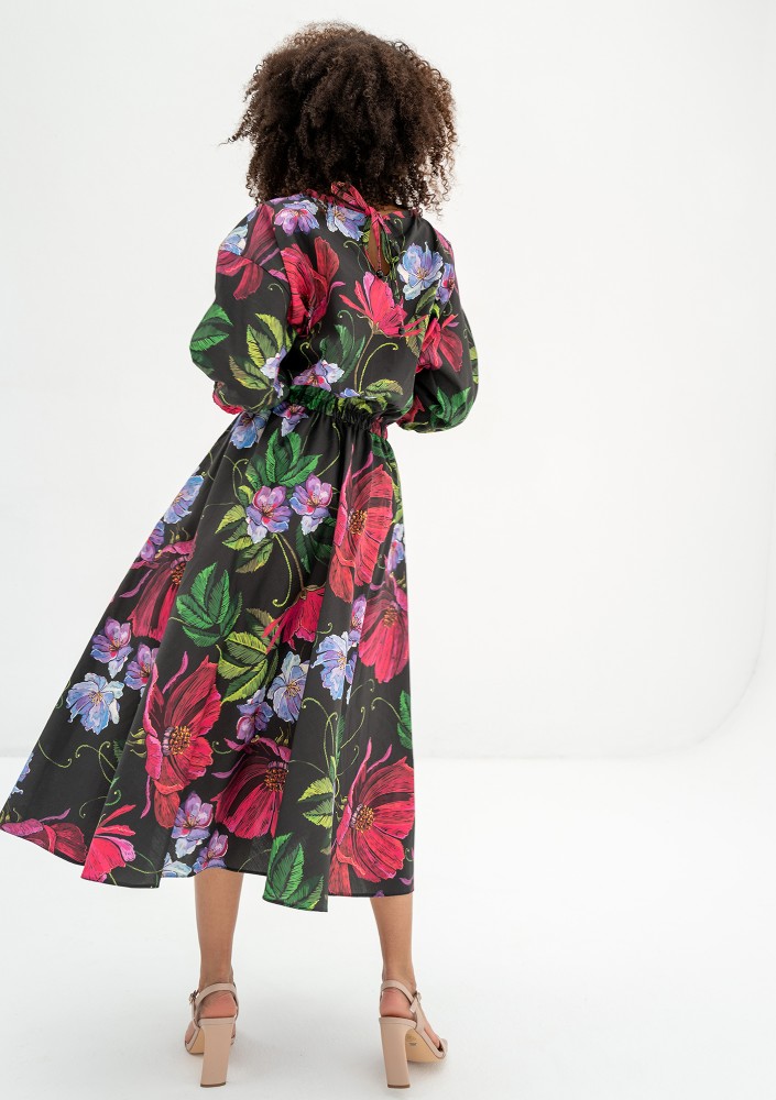 Mabel - Black floral flared midi dress