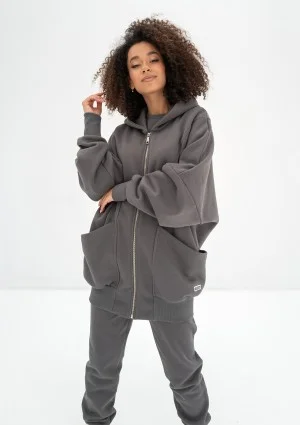 Amala - Dark stone grey oversize zipped hoodie
