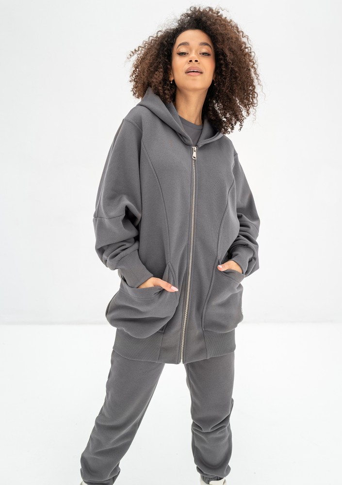 Amala - Dark stone grey oversize zipped hoodie