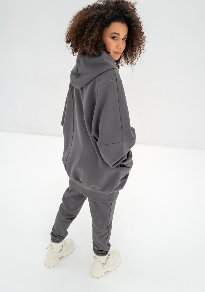 Amala - Dark stone grey oversize zipped hoodie