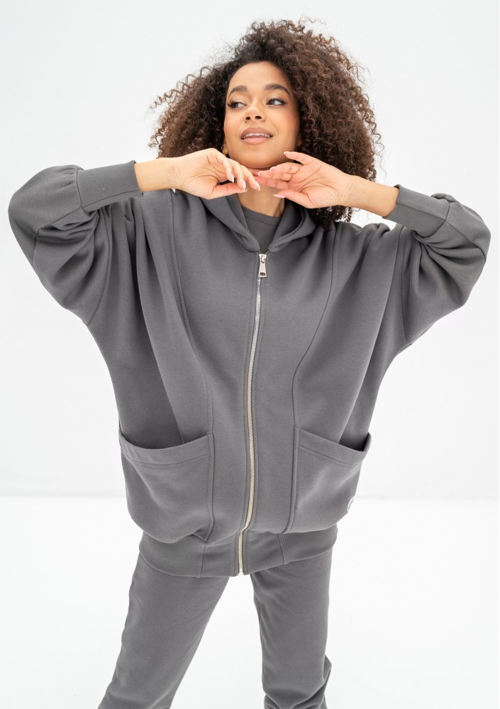 Amala - Dark stone grey oversize zipped hoodie