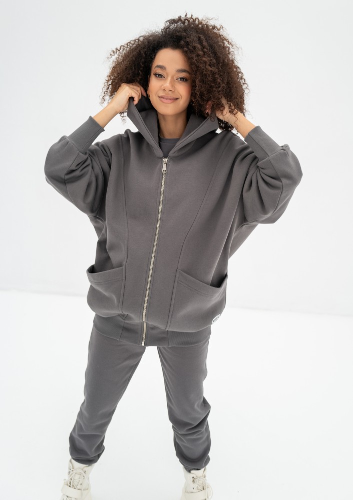 Amala - Dark stone grey oversize zipped hoodie