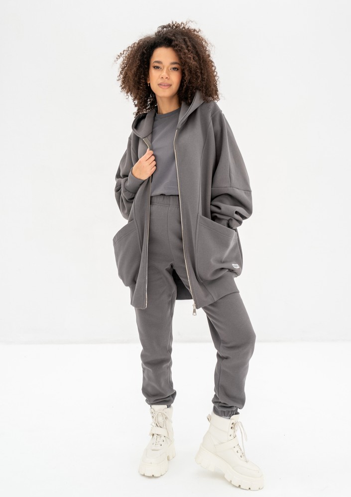 Amala - Dark stone grey oversize zipped hoodie