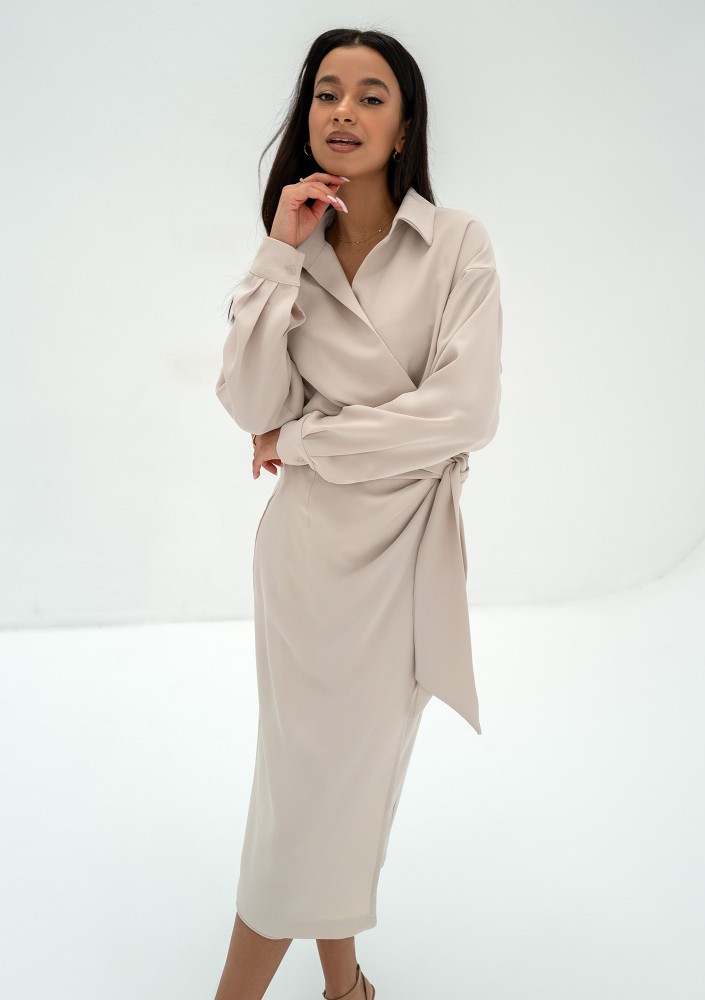Emily - Beige midi wrap dress