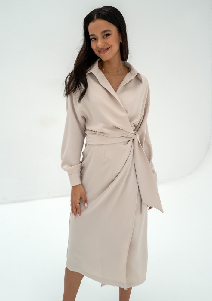 Emily - Beige midi wrap dress