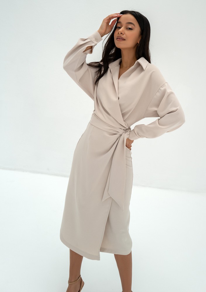 Emily - Beige midi wrap dress