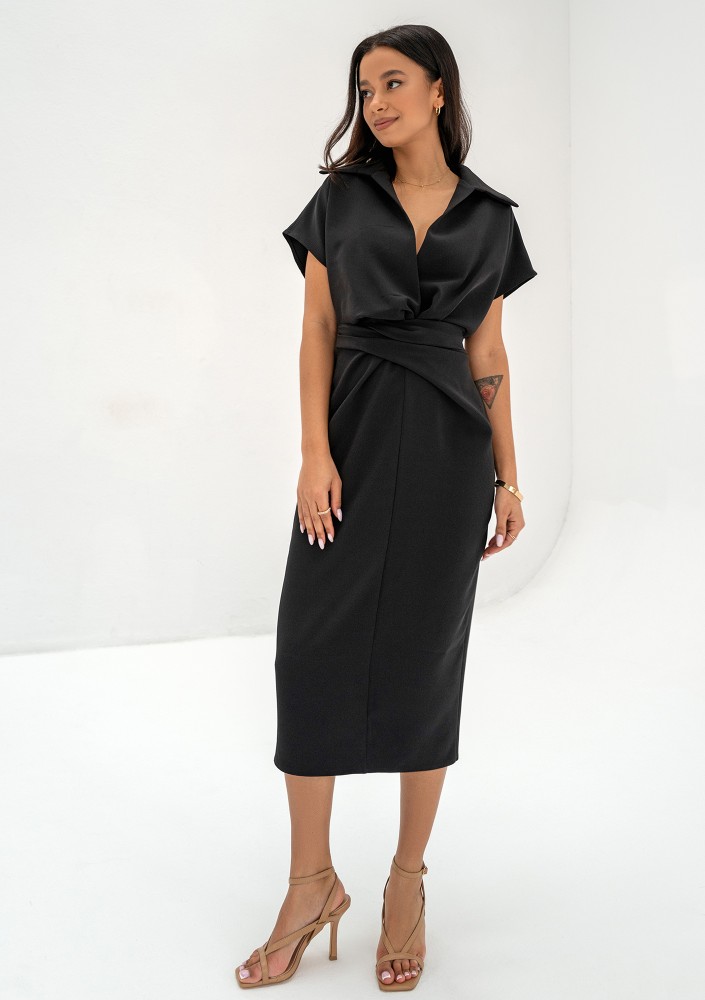 Axelle - Black collared midi dress