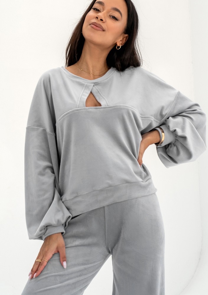 Delsy Velvet - Bluza velvet z wycięciem Misty Grey